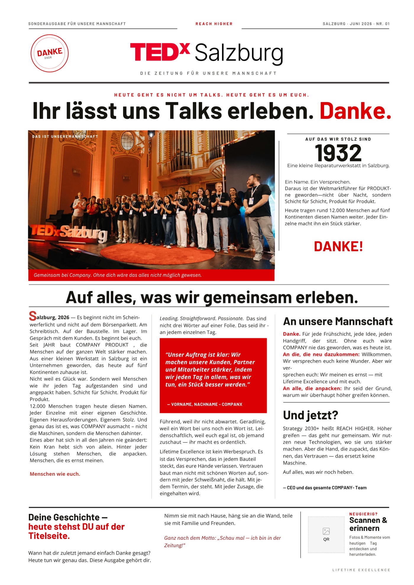 Personalisierte Zeitung TEDx Salzburg – Danke-Sonderausgabe für das Team, live gedruckt